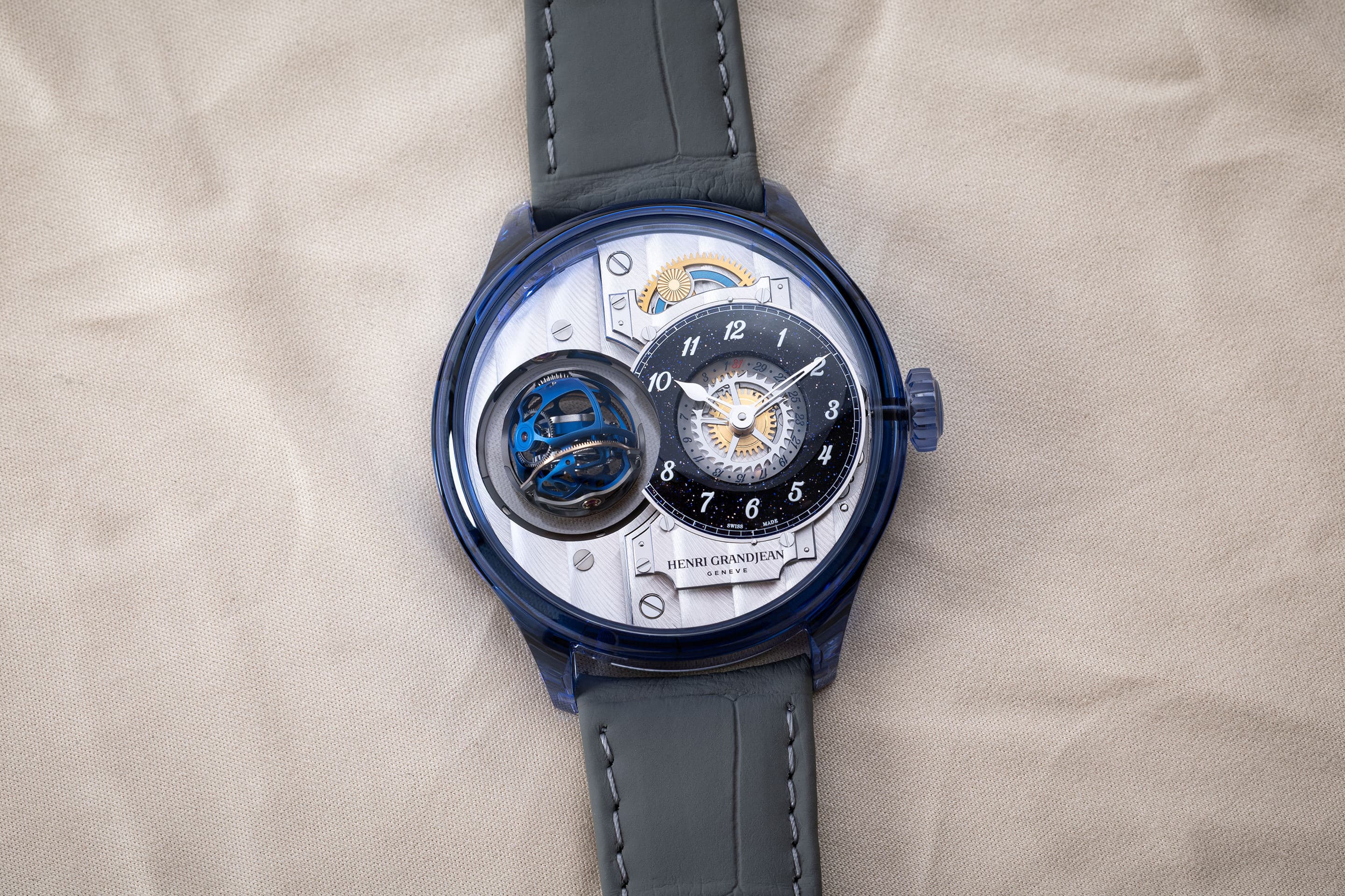 Blue triple-axis tourbillon cages
