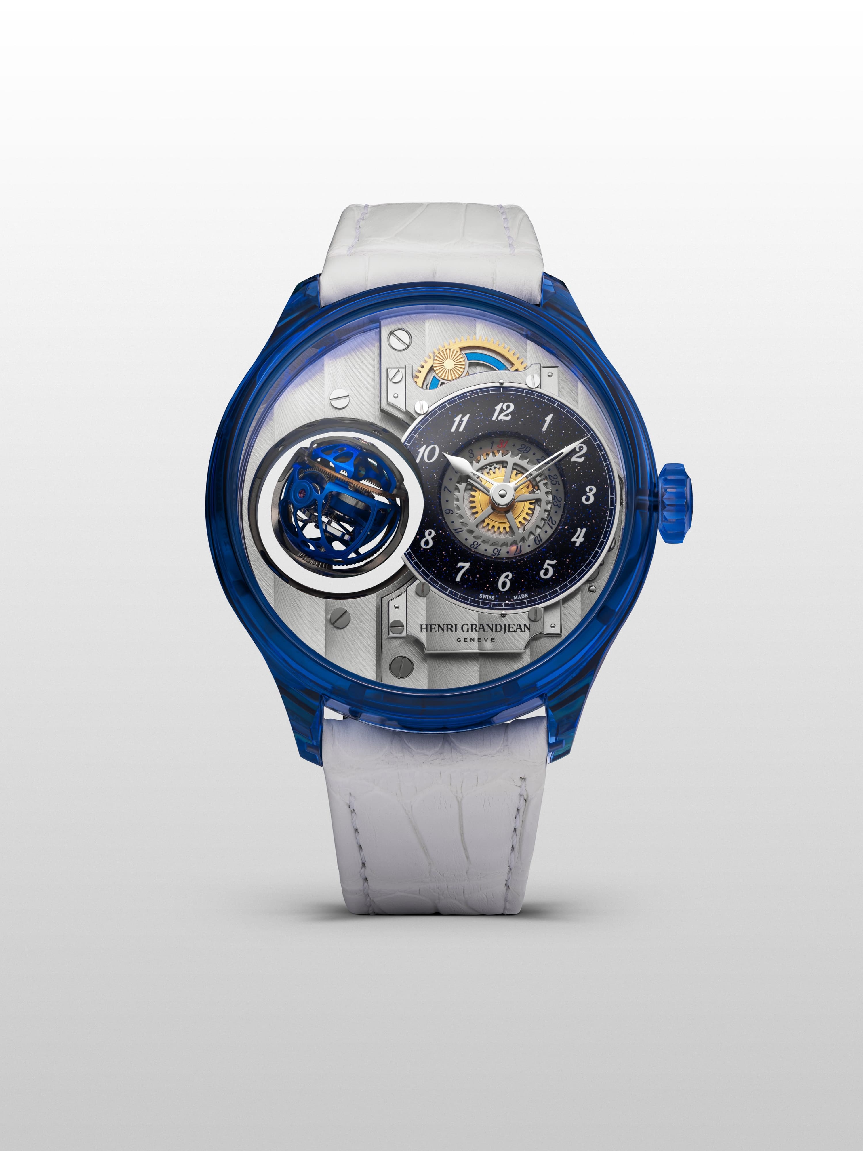 Atrivm Blue Sapphire, front view showing the rhodium-finished calibre through the sapphire case