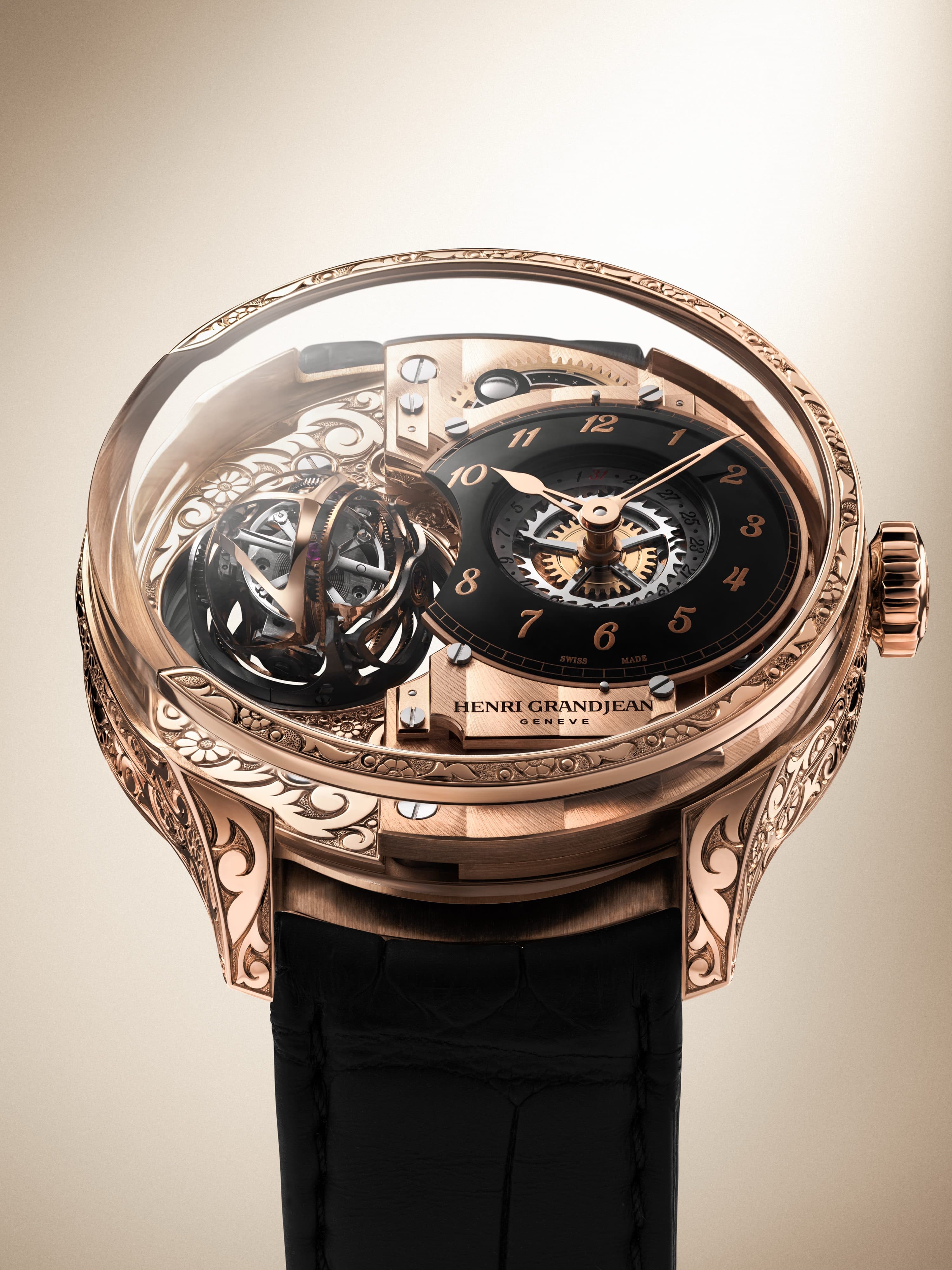 Rose gold hands over the black onyx dial
