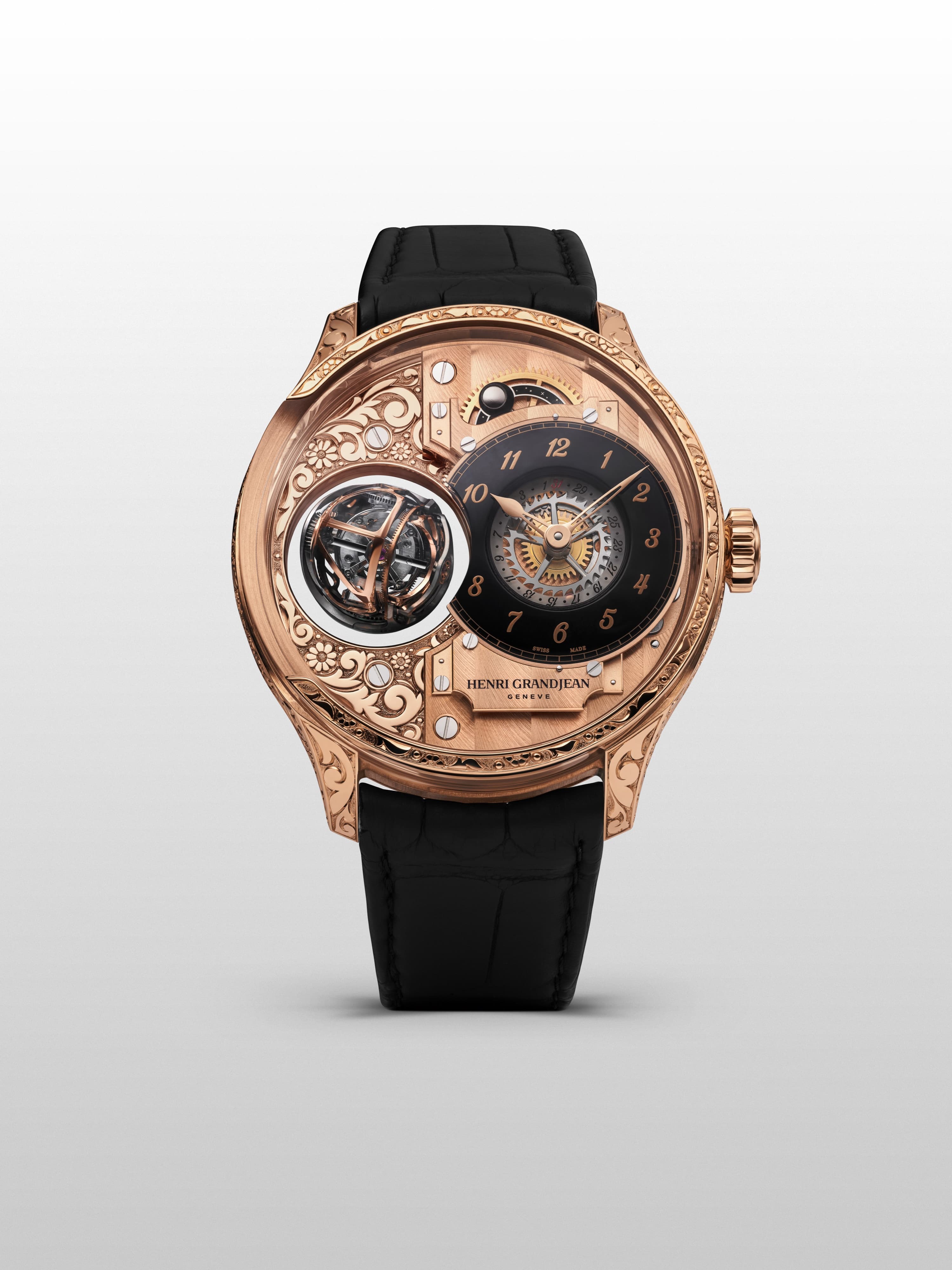 Carved Rose Gold & Black Onyx, front view showing the 5N-finished calibre