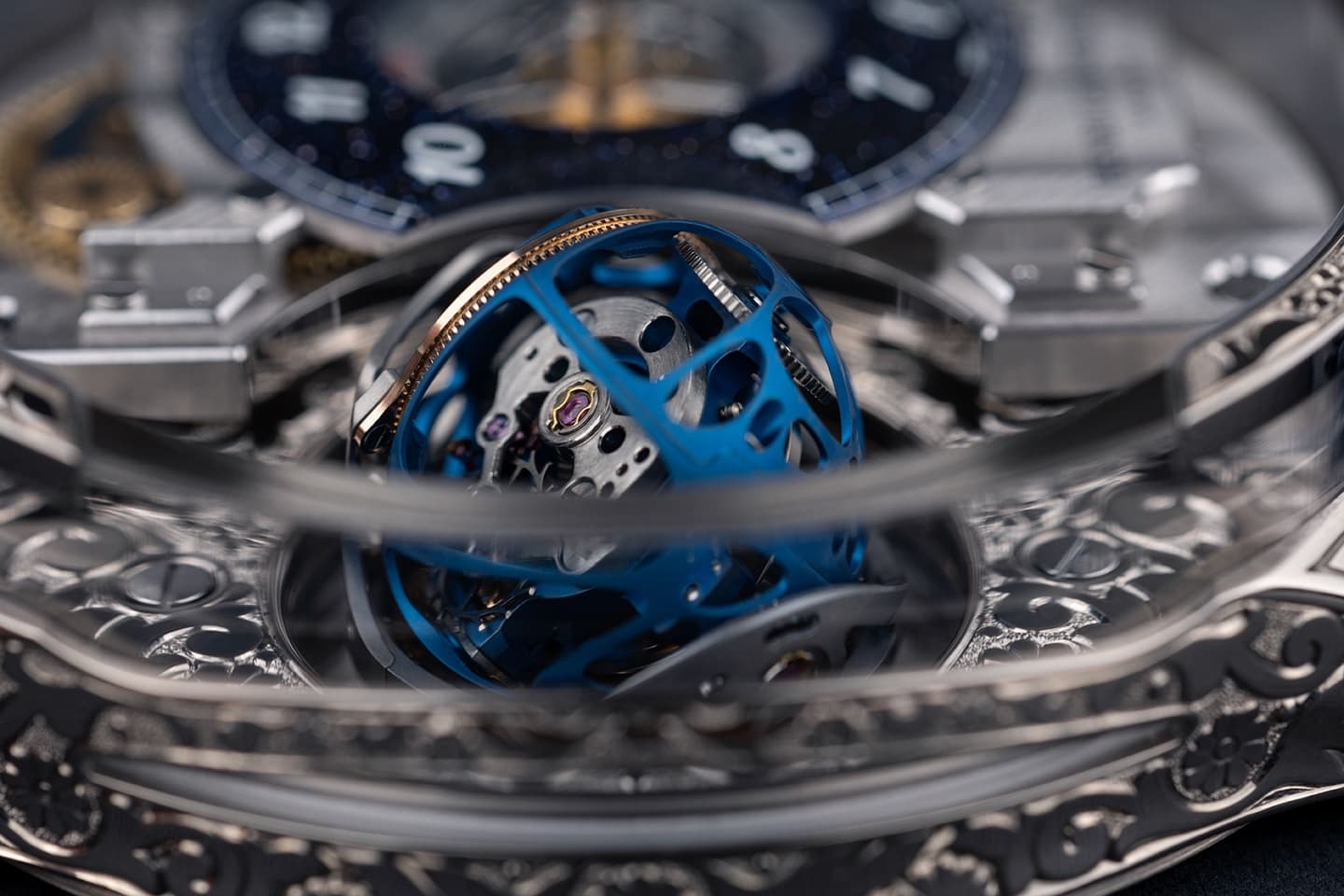 Blue-coloured triple-axis tourbillon cages