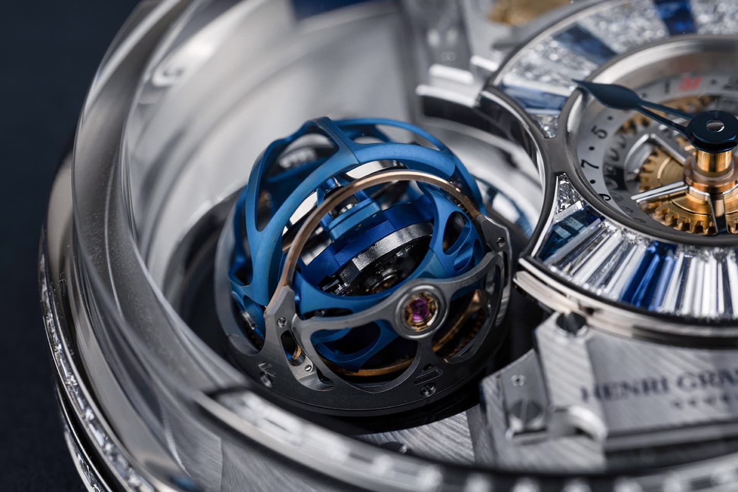Blue-coloured triple-axis tourbillon cages
