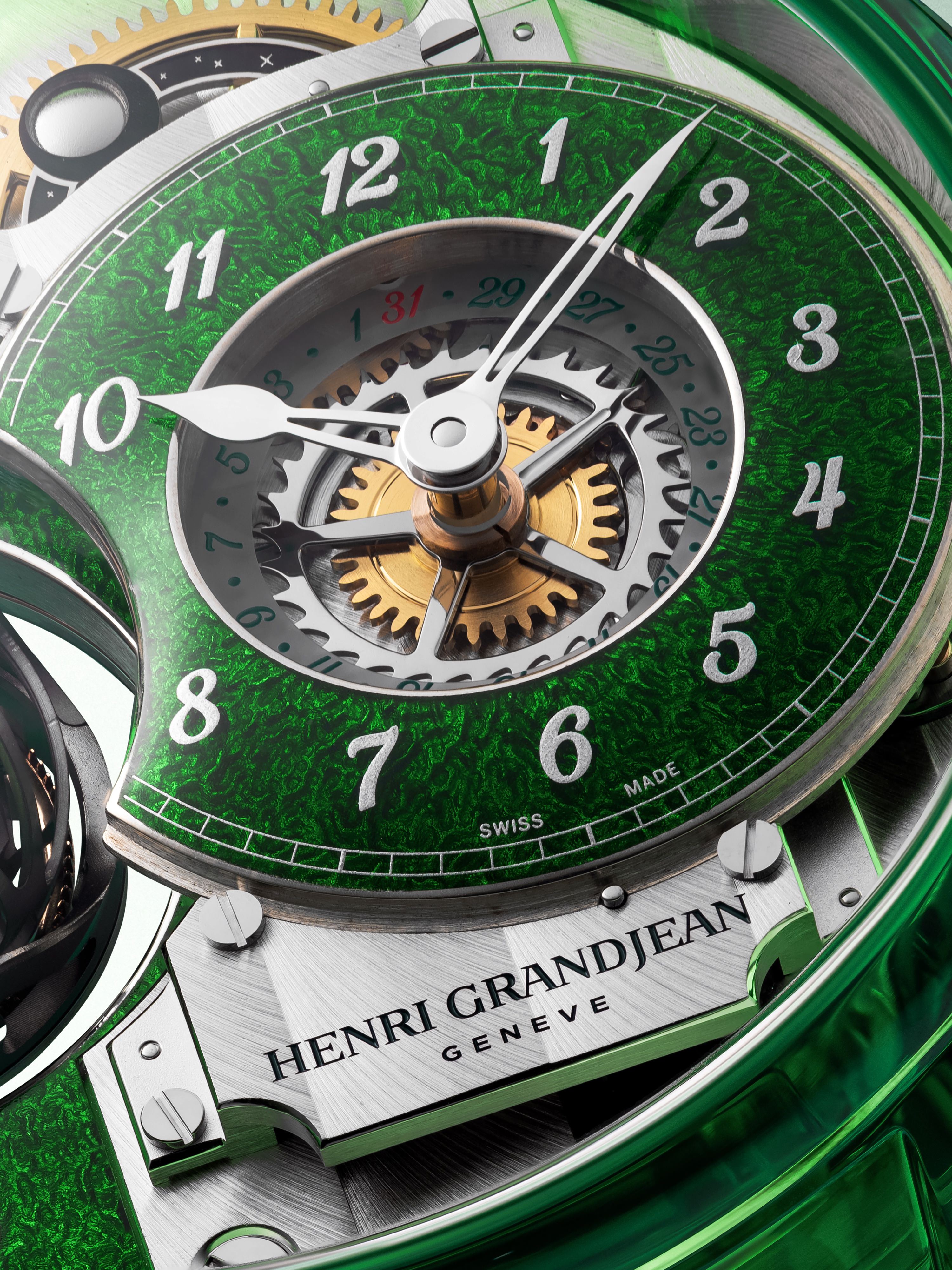 Tourbillon and green enamel dial close-up