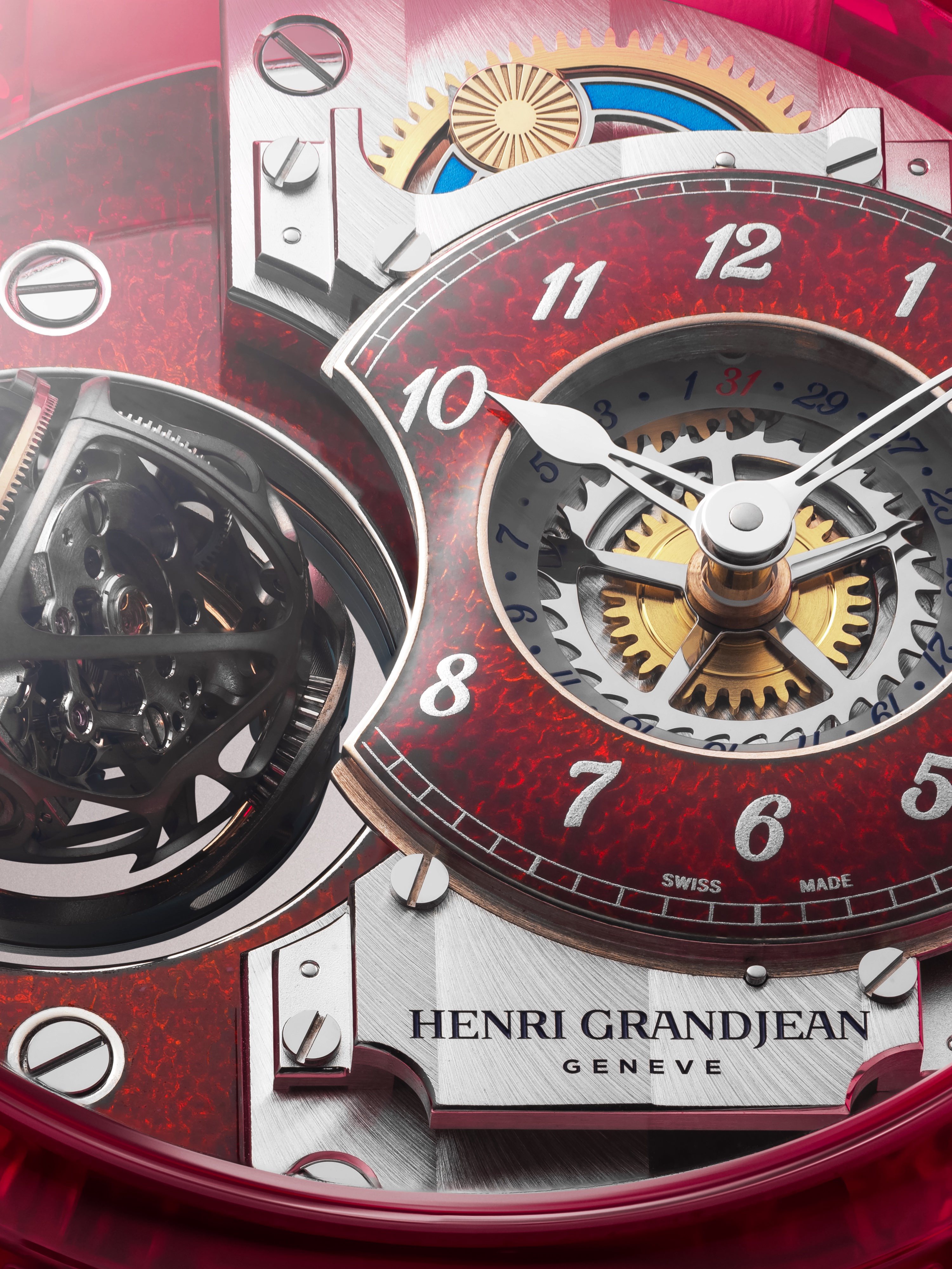 Tourbillon and red enamel dial close-up