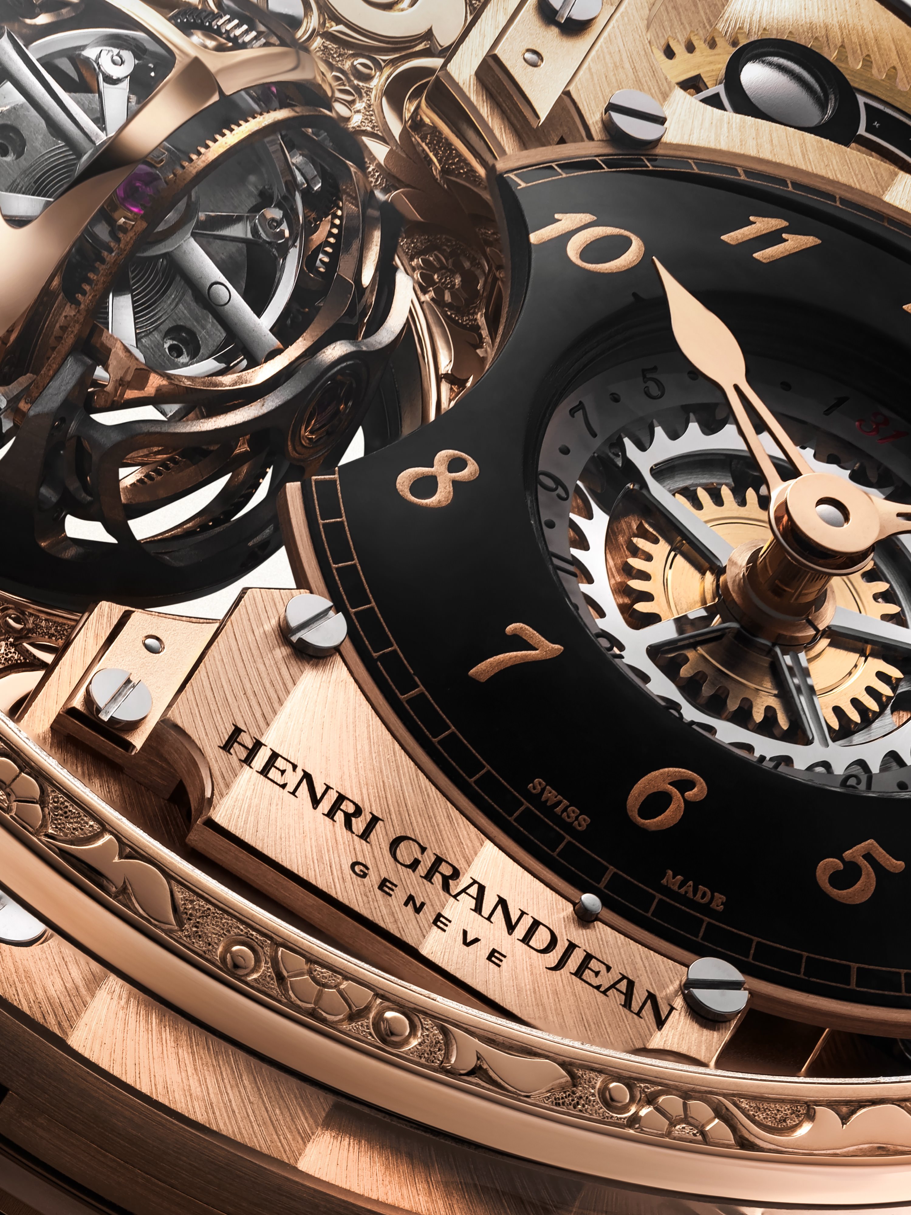 Black onyx dial and rose gold tourbillon close-up