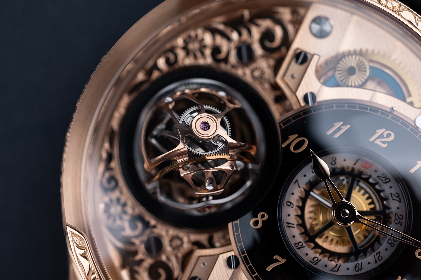 Triple-axis tourbillon with rose gold cages