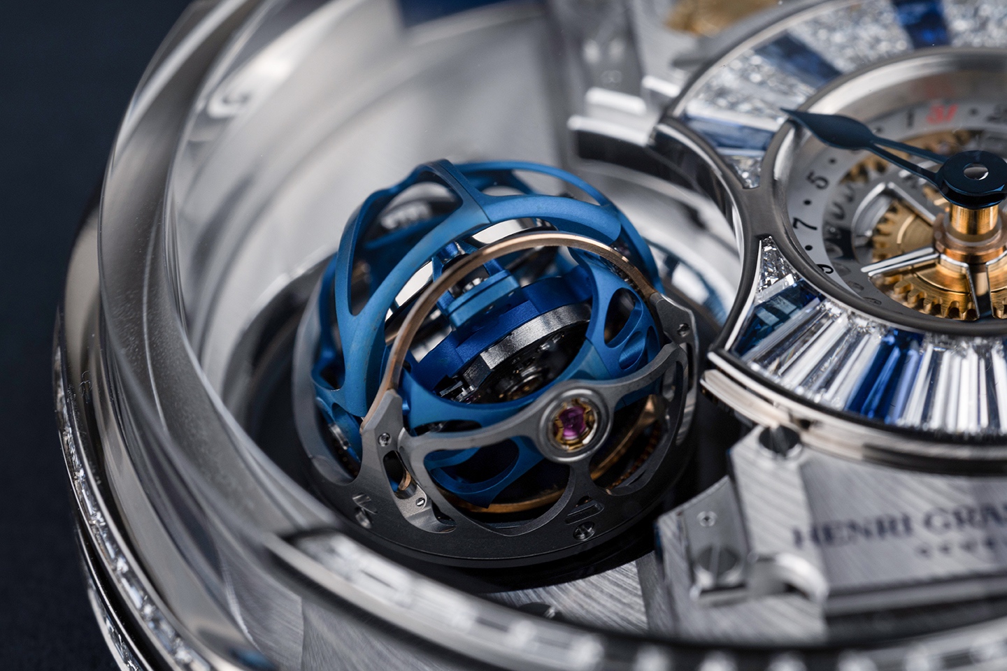 Blue triple-axis tourbillon cages