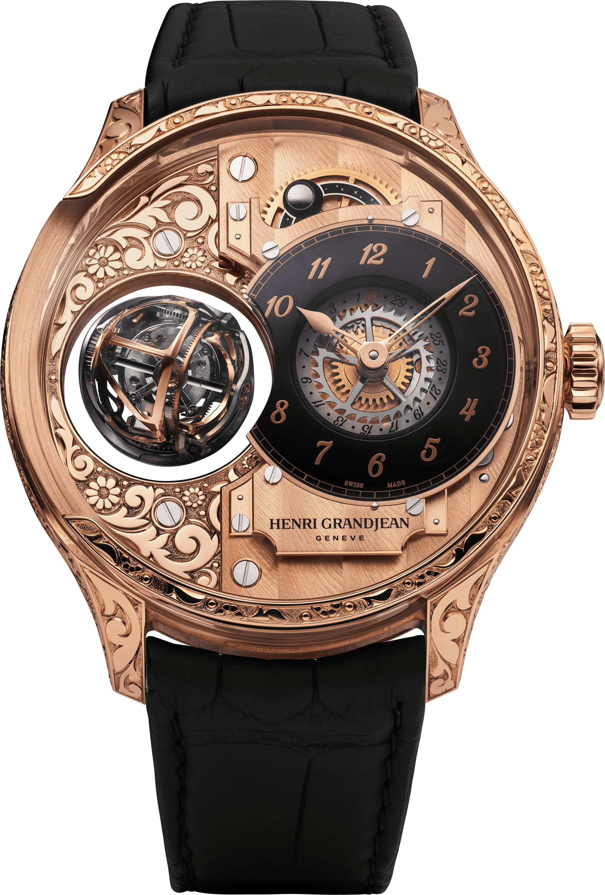 Henri Grandjean Carved Rose Gold with hand-engraved case and black onyx dial