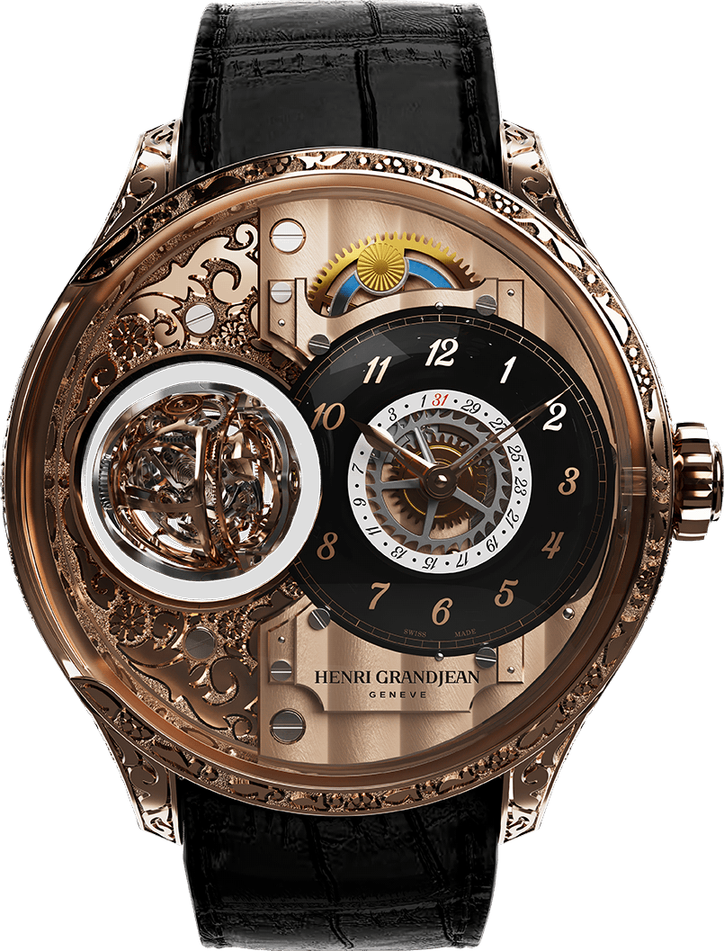 Henri Grandjean Carved Rose Gold with hand-engraved case and black onyx dial