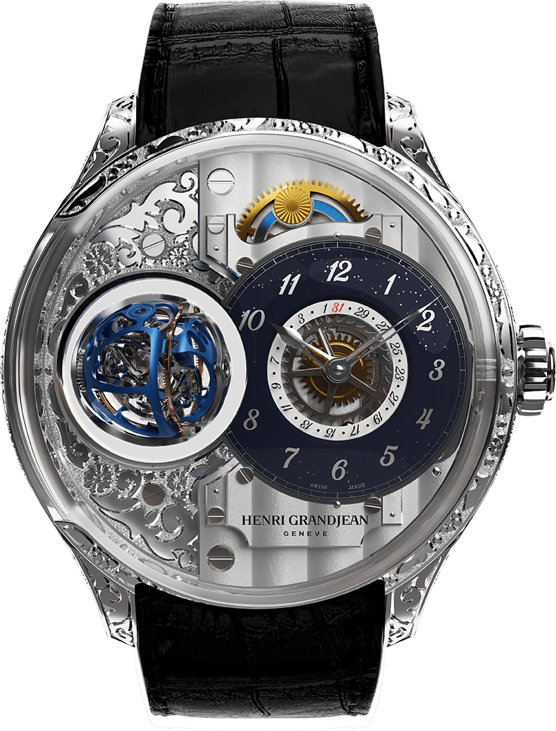 Henri Grandjean Carved White Gold with aventurine dial and blue tourbillon cages