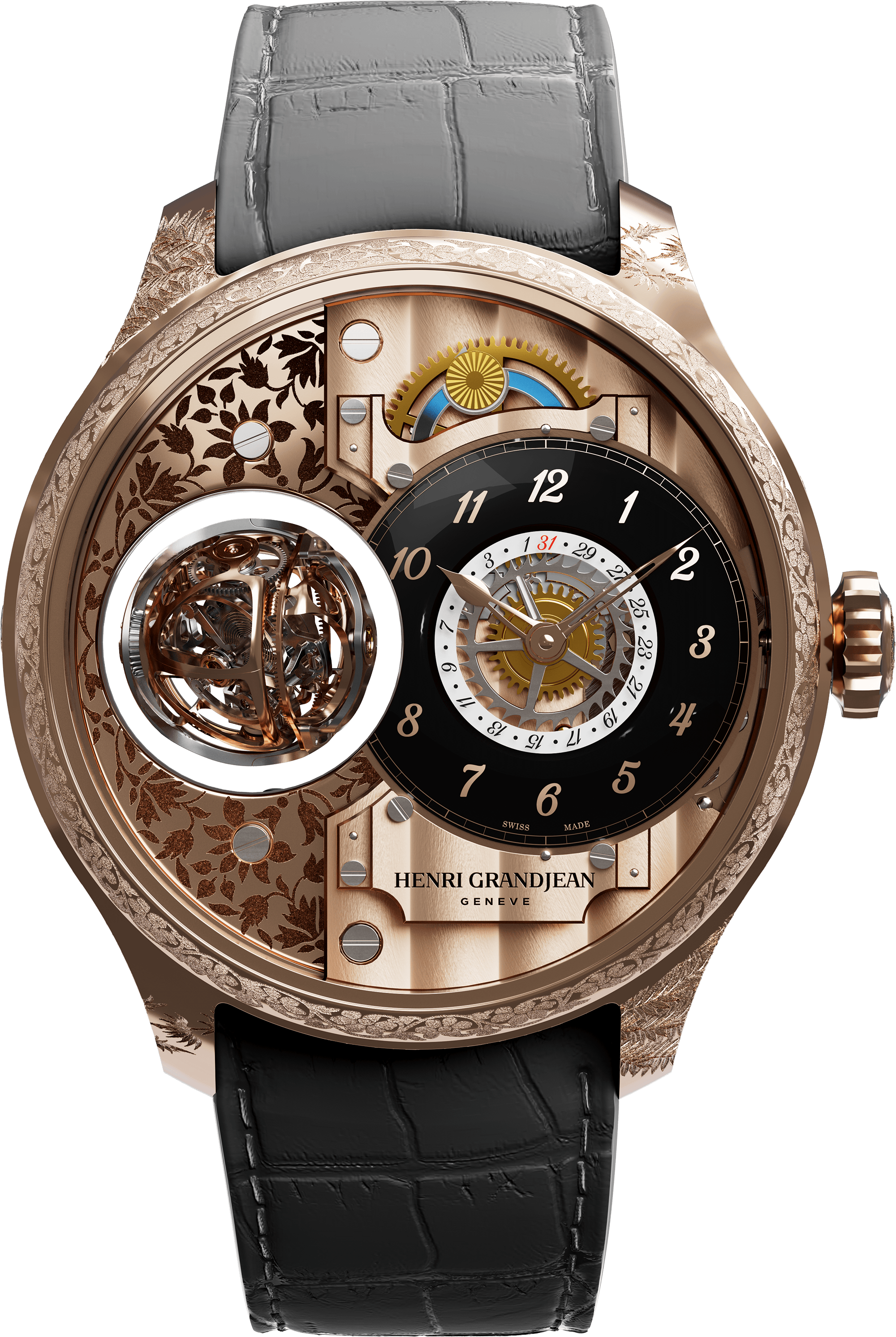 Henri Grandjean Patiala with hand-engraved rose gold case and black onyx dial